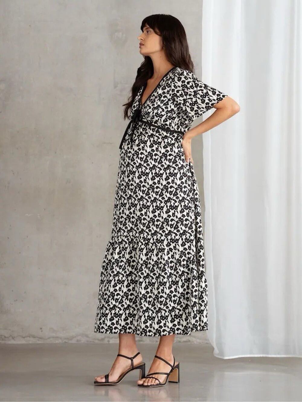 Seraphine Jersey Cream Black Floral Midi Dress Nursing Maternity UK 18 US 14